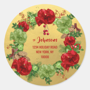 Custom MERRY CHRISTMAS Wreath GOLD Rücksendeadress Runder Aufkleber