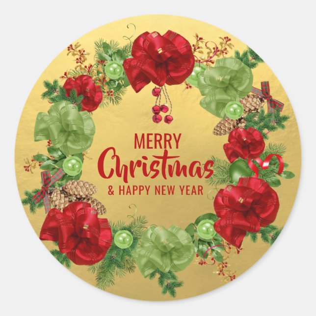 Custom MERRY CHRISTMAS Wreath Red Green GOLD Runder Aufkleber (Vorderseite)