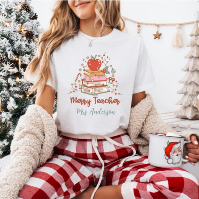 Custom Merry Teacher Retro Weihnachten T-Shirt (Von Creator hochgeladen)