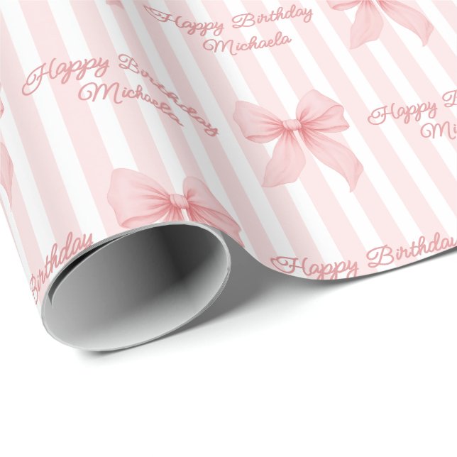 Custom Message Pink Coquette Bows Happy Birthday Geschenkpapier (Rolleneckpunkt)