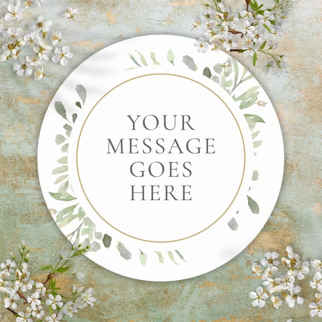Custom Message Watercolor Blätter Grüne Hochzeit Runder Aufkleber (Custom Message Watercolor Leaves Greenery Wedding Classic Round Sticker)