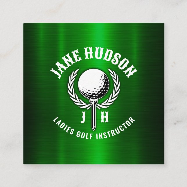 Custom Metallic Green Golf Monogram Design Quadratische Visitenkarte (Vorderseite)