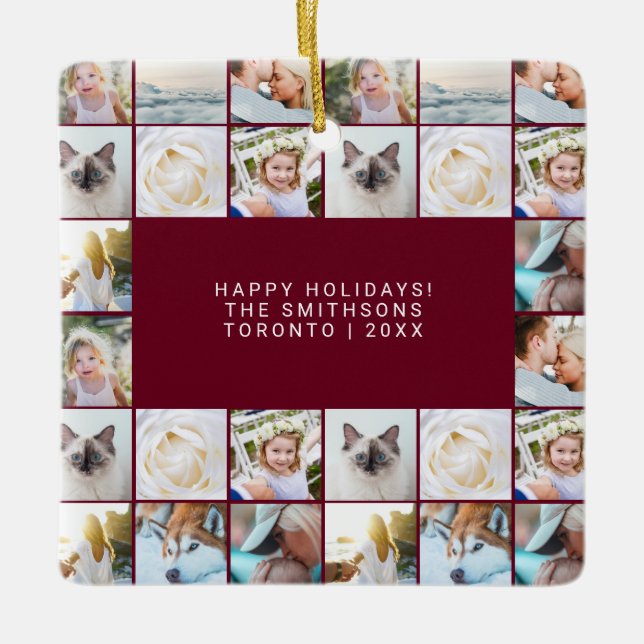 Custom Minimal einfache Foto Collage Grid Burgundy Keramikornament (Vorderseite)