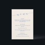 Custom Minimalist Classic Blue Wedding Dinner Menükarte<br><div class="desc">This wedding menu sign features refined script lettering paired with classic serif typography in blue on a champagne background for a timeless, elevated look. The minimalist layout highlights each course clearly while adding a sophisticated design element to your reception space. Ideal for modern and stylish weddings, it complements elegant table...</div>