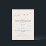 Custom Minimalist Classic Blue Wedding Dinner Menükarte<br><div class="desc">This wedding menu sign features refined script lettering paired with classic serif typography in blue on a champagne background for a timeless, elevated look. The minimalist layout highlights each course clearly while adding a sophisticated design element to your reception space. Ideal for modern and stylish weddings, it complements elegant table...</div>