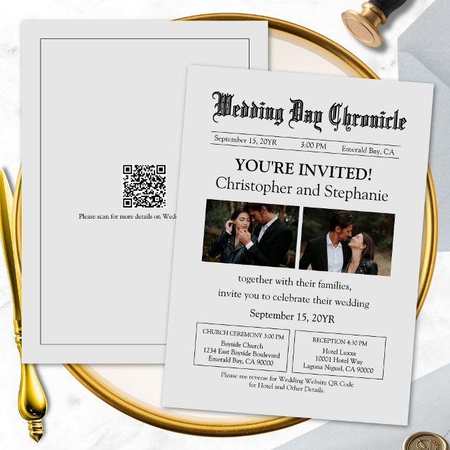 Custom Minimalist Modern Script Newspaper Wedding Einladung (Customizable QR code Stylish Script Gray Newspaper Wedding Invitation)