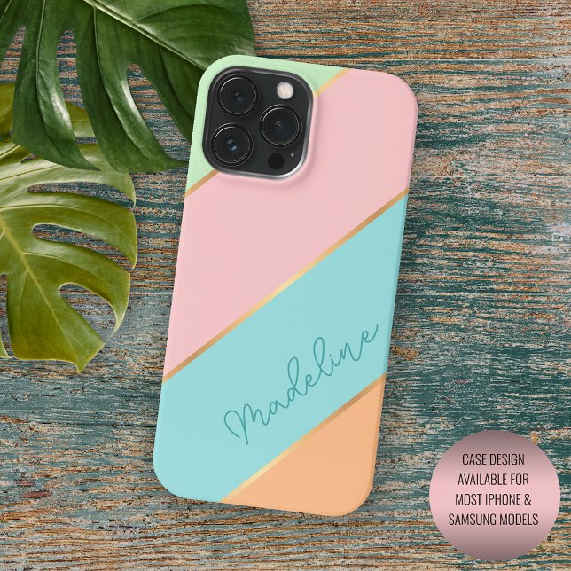 Custom Minze Green Aqua Blue Blush Pink Art Stripe iPhone Hülle (Von Creator hochgeladen)