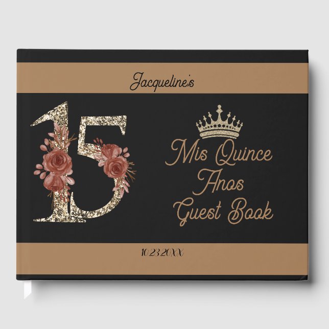 Custom Mis Quince Anos Black Floral Number Design Gästebuch (Vorderseite)