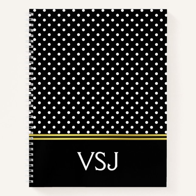 Custom Mit Monogramm Black and White Polka Dot Notizbuch (Vorderseite)