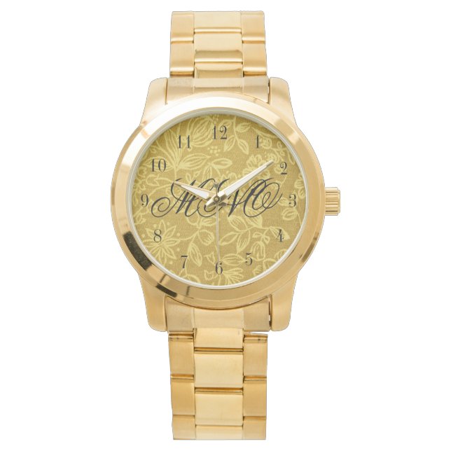 Custom Mit Monogramm Gold Floral Armbanduhr (Vorderseite)