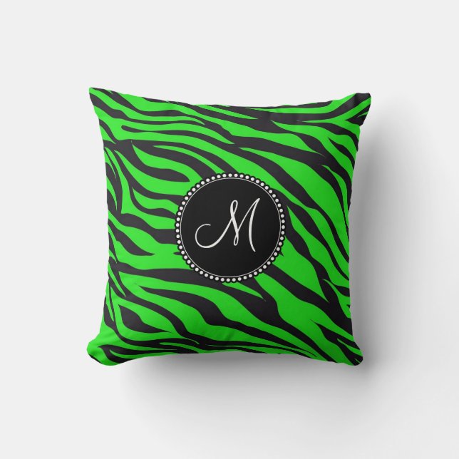 Custom Mit Monogramm Initial Neon Green Black Zebr Kissen (Vorderseite)