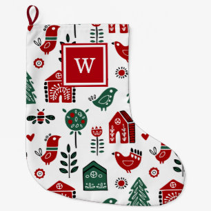 Custom Mit Monogramm Red and Green Scandinavian Großer Weihnachtsstrumpf