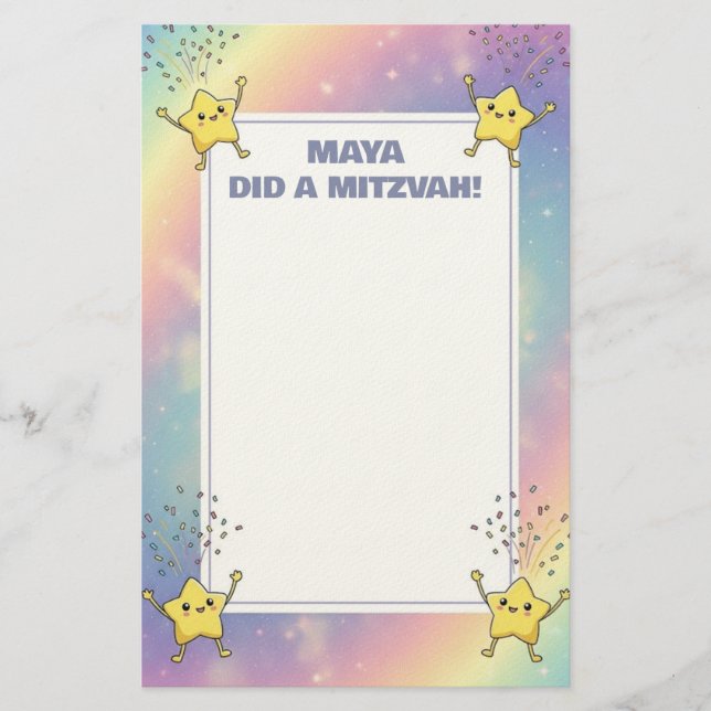 Custom Mitzvah Note Rainbow Confetti Stars Briefpapier (Vorderseite)