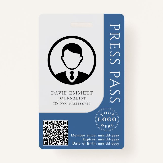 Custom Moderate Blue Press Pass mit Editable Deta Ausweis (Vorderseite)