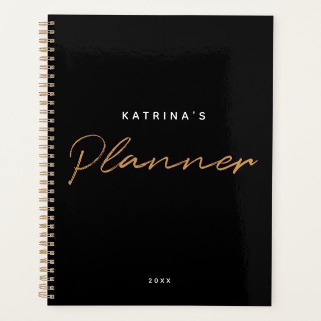 Custom Modern Black Gold Minimalistisch Script Mon Planer (Vorderseite)