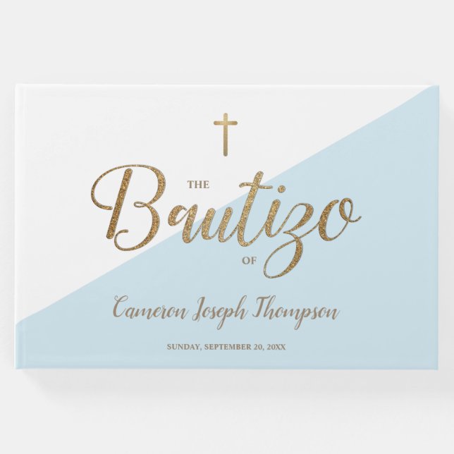 Custom Modern Blue gold Cross Baby Bautizo Gästebuch (Vorderseite)