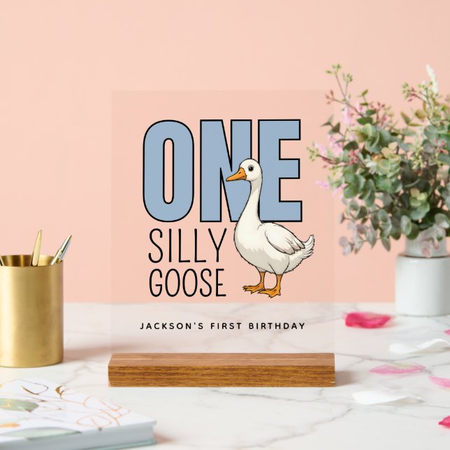Custom Modern Blue One Silly Goose First Birthday Acrylschild (Hochzeit)