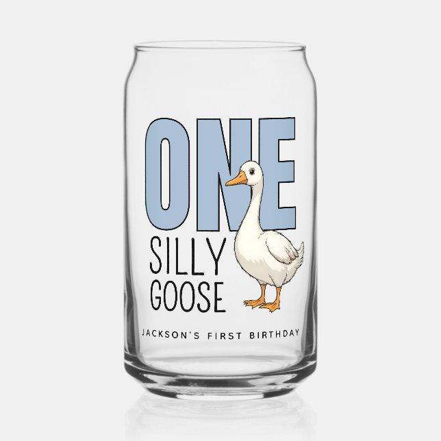 Custom Modern Blue One Silly Goose First Birthday Dosenglas (Vorderseite)