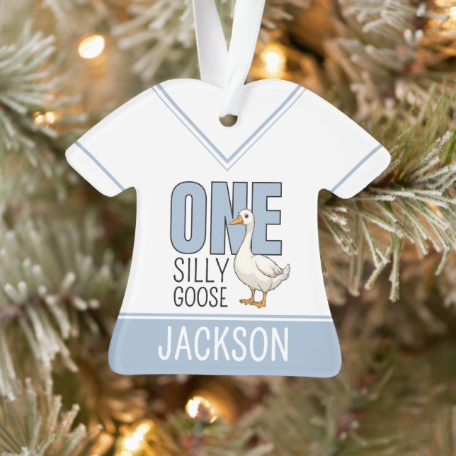 Custom Modern Blue One Silly Goose First Birthday Ornament (Baum)