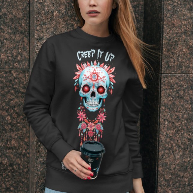 Custom Modern Blue Pink Halloween Sugar Skull Sweatshirt (Von Creator hochgeladen)