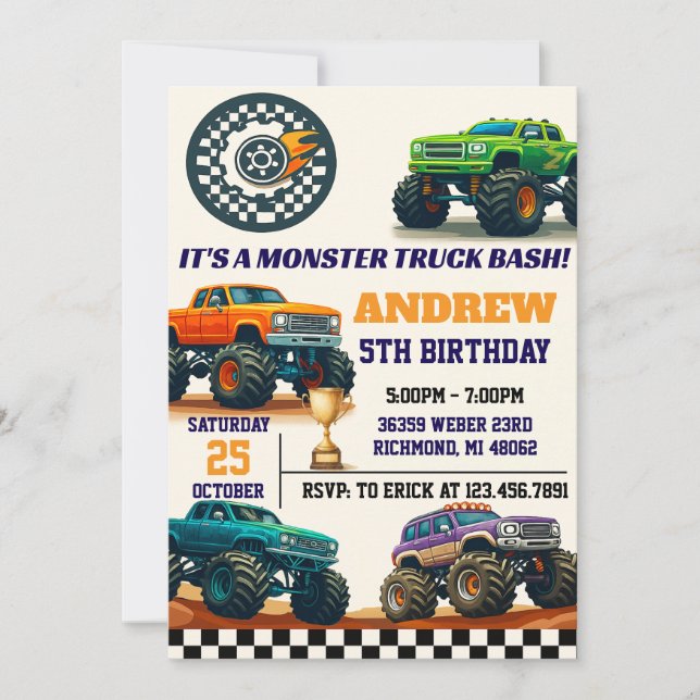 Custom Modern Boy Monster Truck Party Geburtstag Einladung (Vorderseite)