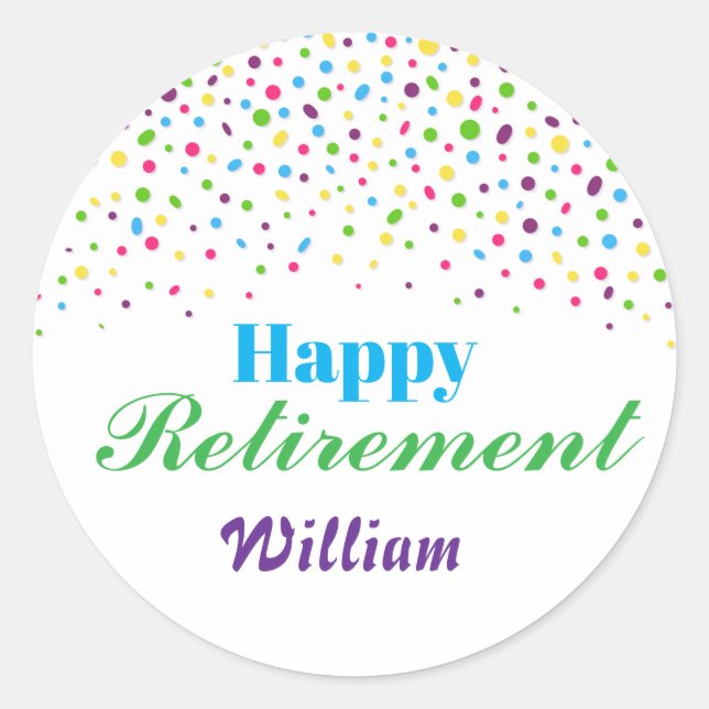 Custom Modern farbenfrohe Konfetti Happy Retiremen Runder Aufkleber (Vorderseite)