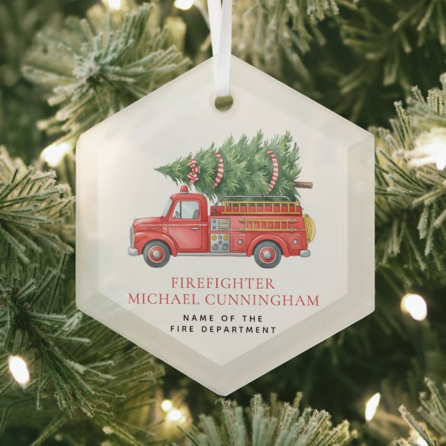 Custom Modern Firefighter Christmas Fire Truck  Ornament Aus Glas (Insitu)