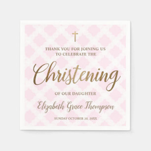 Custom Modern Gold Pink Baby Name Christening Serviette