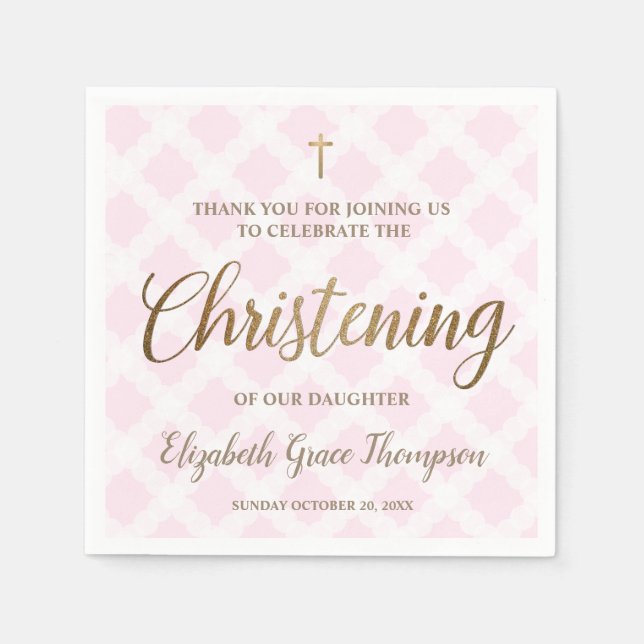 Custom Modern Gold Pink Baby Name Christening Serviette (Vorderseite)