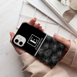 Custom Modern Monogram Black and White Floral Case-Mate iPhone Hülle