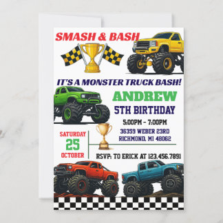 Custom Modern Monster Truck Boys Party Geburtstag Einladung