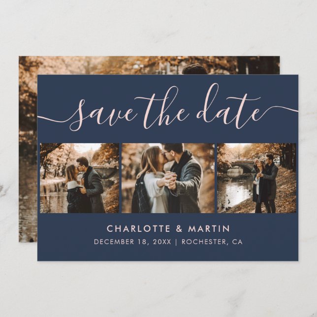 Custom Modern Navy Blue and Blush Wedding 4 Foto Save The Date (Vorne/Hinten)