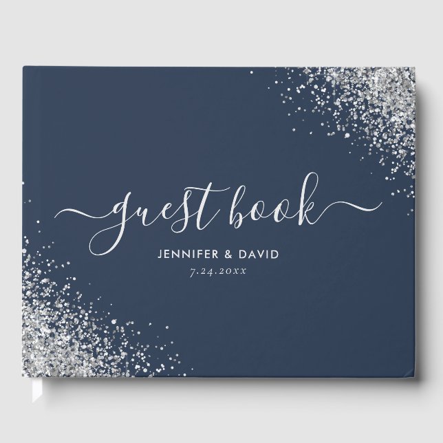 Custom Modern Navy Blue and Silver Glitzer Wedding Gästebuch (Vorderseite)