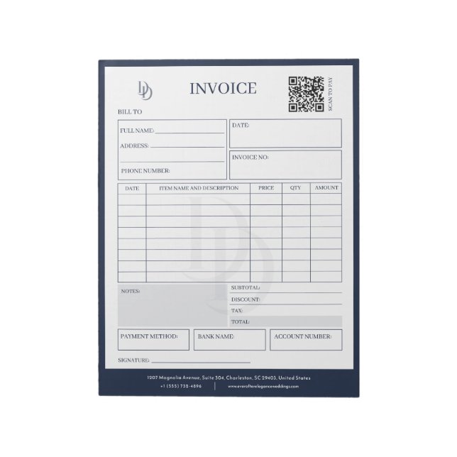 Custom Modern Navy Wedding Planner Invoice Billing Notizblock (Rotiert)