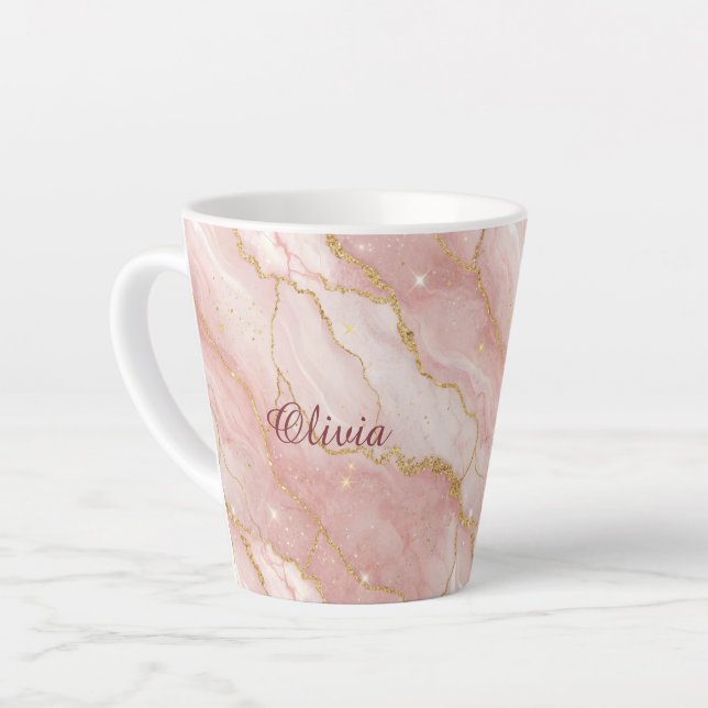 Custom Modern Rose Quartz Marble Gold Glitter Milchtasse (Linke Ecke)