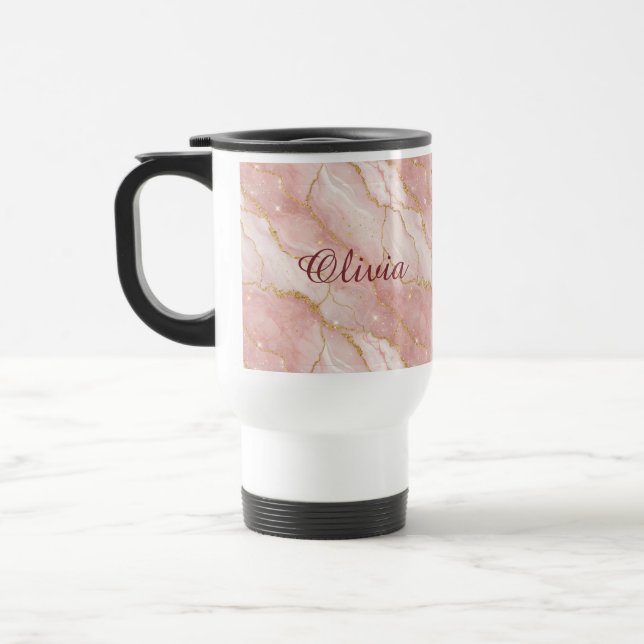 Custom Modern Rose Quartz Marble Gold Glitter Reisebecher (Links)