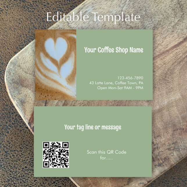 Custom Modern Sage Green Coffee Shop Photo QR Code Visitenkarte (Customize this sage green business card template with contact details, QR code, photo. Coffee shop.
)