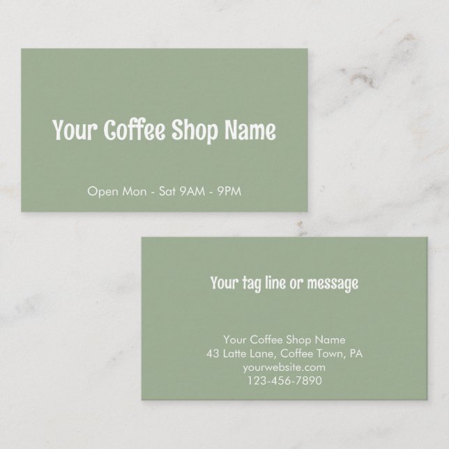 Custom Modern Sage Green Coffee Shop Template Visitenkarte (Vorne/Hinten)