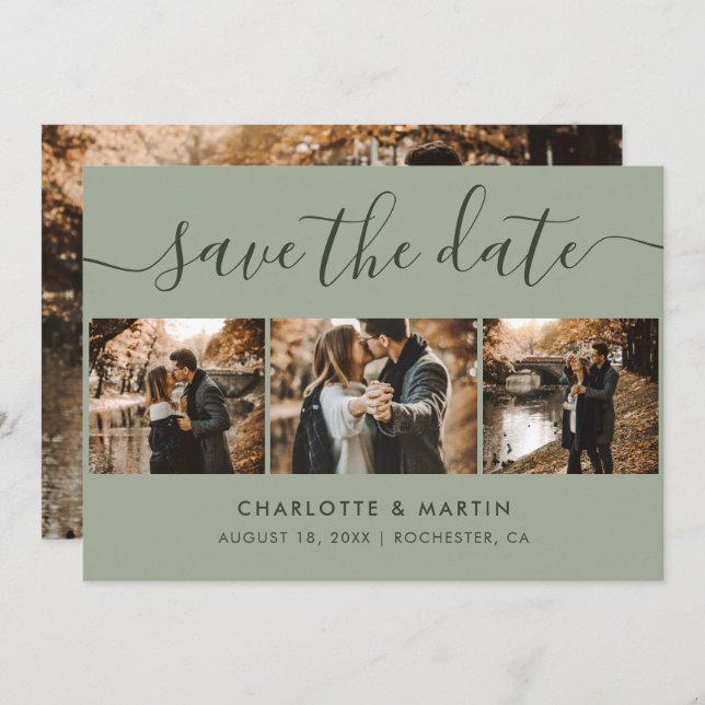 Custom Modern Sage Green Wedding 4 Foto Save The Date (Vorne/Hinten)