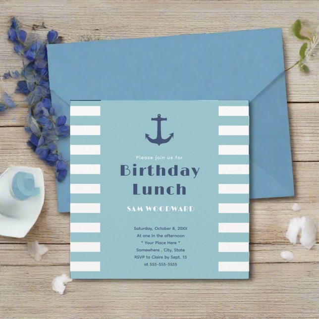 Custom Modern Strip Nautical Birthday Lunch Blau Einladung (Von Creator hochgeladen)