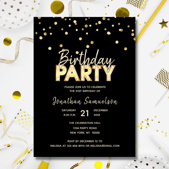 Custom Modern Trendy Gold Black BIRTHDAY PARTY Einladung (Von Creator hochgeladen)