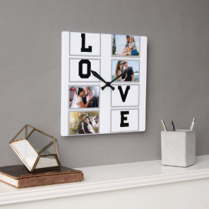 Custom Modern Valentine's Day 4 FotoCollage Quadratische Wanduhr