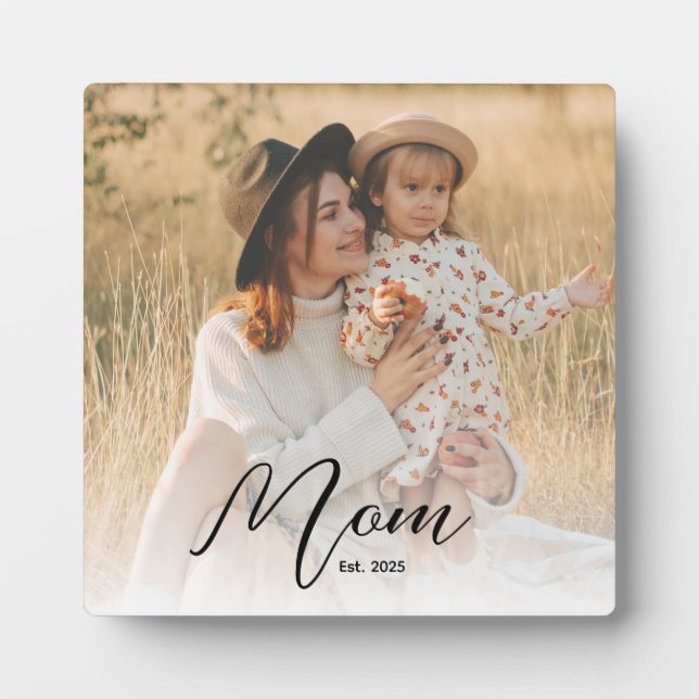 *Custom Mom Est. Modern Script White Overlay Photo Fotoplatte (Vorderseite)