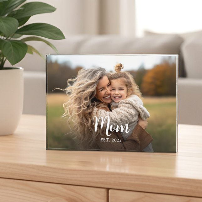 Custom Mom Established Modern Script Photo Block (Mom established white script photo with customizable text for name and year)