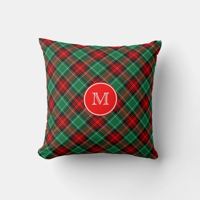 Custom Momogram Red and Green Holiday Plaid Kissen (Vorderseite)