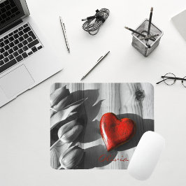Custom Monochrome Tulips Red Heart Valentine's Day Mousepad