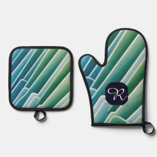 Custom Monogram Abstrakt Blue Green Ofenhandschuh & Topflappen-Set