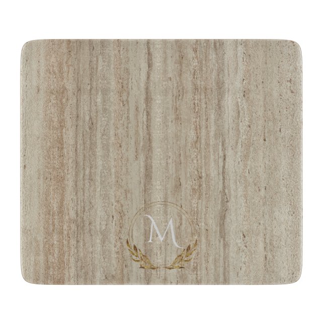 Custom Monogram Beige Travertine Marmorstein Schneidebrett (Vorderseite)