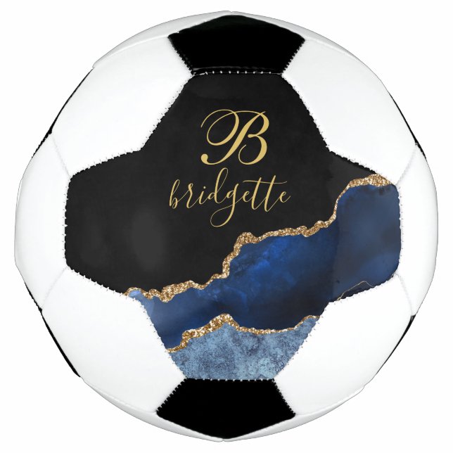 Custom Monogram Black Gold Navy Agate Geode Fußball (Vorderseite)