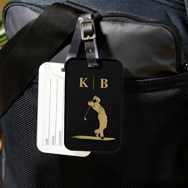 Custom Monogram Black Gold Personalisiert Golf Gepäckanhänger (Custom Monogram Black Gold Personalized Golf Luggage Tag)